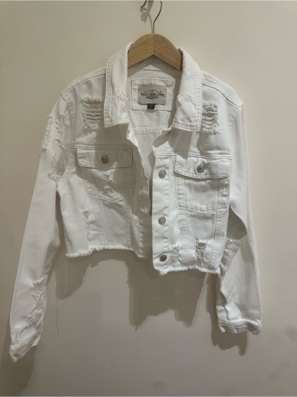 Cropped Distressed White Denim Jacket - Women